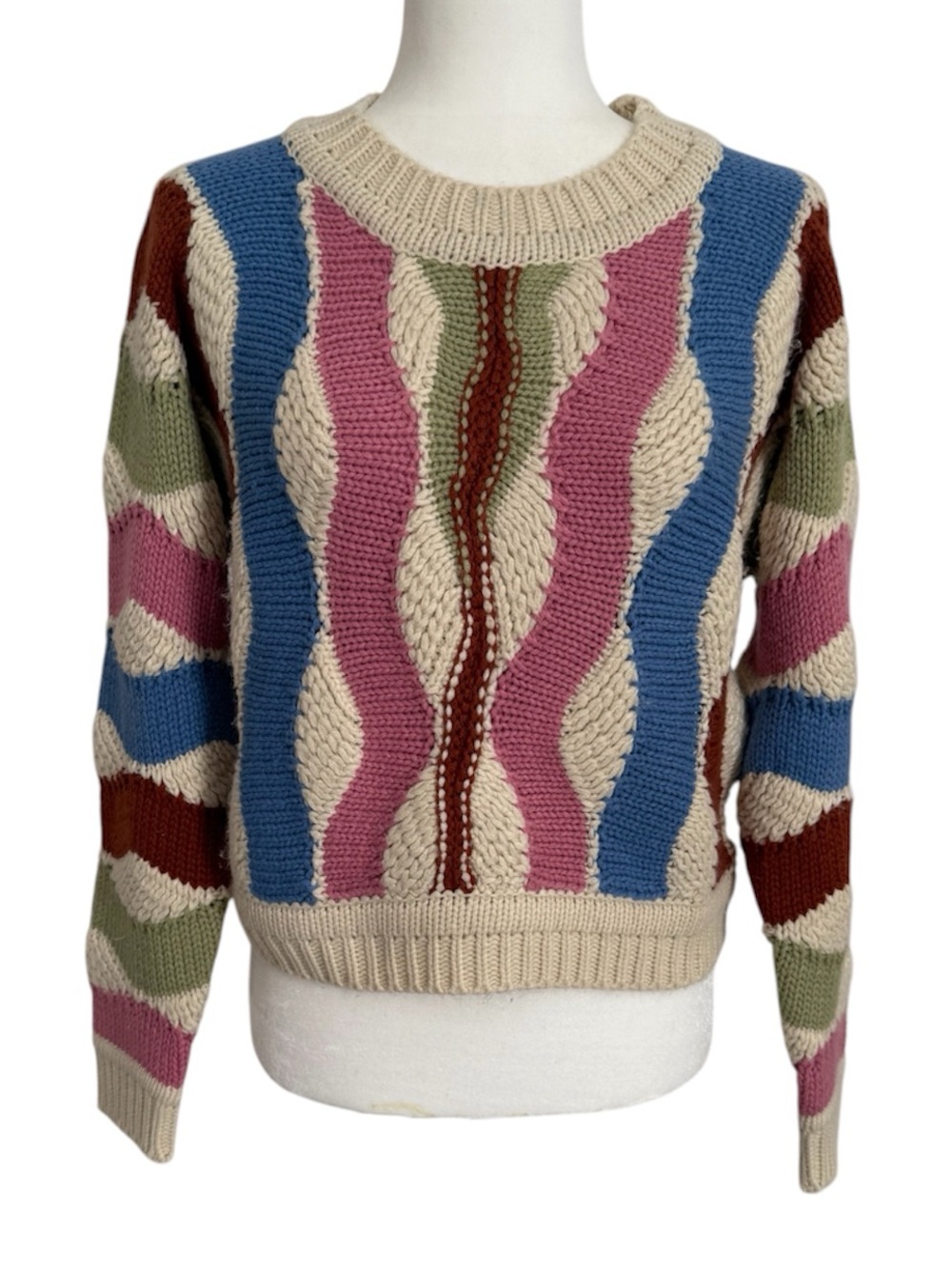 Storia Multicolored Block Wave Stripe Chunky Knit LS Cropped Sweater Size S